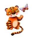 Kind cartoon tiger playing with a butterfly on a white background