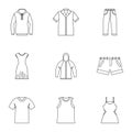 Kind of clothing icons set, outline style