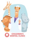 Kind doctor dentist and African animals. Lion, Poster for children`s dental clinic