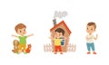 Kind and Fair Little Boy Character Protecting Pet and Home Vector Illustration Set