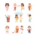 Kind and Fair Little Children Doing Justice and Engaged in Honest Behavior Vector Set