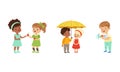 Kind and Fair Little Girl and Boy Character Sharing Apple and Umbrella with Agemate Vector Illustration Set