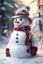Kind Funny cartoon snowman in a knitted hat and scarf in the yard on the background cozy snow forest. Winter fairy tale, snowfall