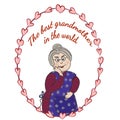 Kind grandmother in a frame of painted hearts and the inscription The best grandmother in the world