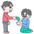 A kind and handsome young man giving alms of money to beggars, doodle icon image kawaii