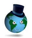 Kind happy planet earth in a blue high top hat. Good mood. Time to rest and travel. Caring for the ecology of the planet.