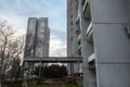 Traditionnal communist housing in the suburb of Belgrade, in New Belgrade, with a focus on the doorways and entrance.