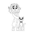 A kind lady asked a veterinarian to look after a very adorable cat. She is very glad. Childrens coloring page.