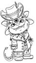 Kind little monster, cute smiling cowboy in a hat with a horns and small feather, funny eared troll with fangs and tail in a vest