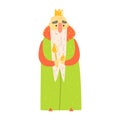 Kind Old King With Orb And Scepter In Green Mantle Fairy-Tale Cartoon Childish Character