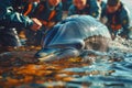 kind people rescue stranded dolphins Royalty Free Stock Photo