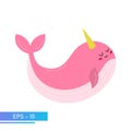 A kind pink whale in delicate pink colors, with a festive cap on his head. Proud and sweet. Vector illustration.