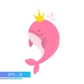 A kind pink whale in delicate pink colors, splashes water out of itself and golden crown on the head. Proud and sweet