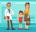 Kind smiling pediatrician doctor and mother with sick child. Pediatric care vector cartoon concept Royalty Free Stock Photo