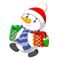 A kind snowman is carrying two big box gift for the christmas