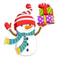 A kind snowman is holding up the box of colourful gift Royalty Free Stock Photo