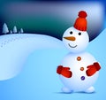 Kind snowman stands at night and looks at northern lights. Winter cityscape and snowman. Meeting of Christmas and New Year. Winter