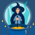 A kind woman witch brews a potion in a cauldron. Gothic. In minimalist style. Cartoon flat raster Royalty Free Stock Photo