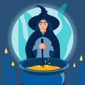 A kind woman witch brews a potion in a cauldron. Gothic. In minimalist style. Cartoon flat Vector Royalty Free Stock Photo