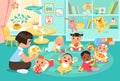 Kindergarten with babies. Educator younger group with children. Toddlers nanny. Kids games and activities in nursery