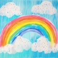 Kindergarten child drawing of rainbow and puffy clouds of colored rain. Generative AI (300 Real DPI).