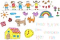 Kindergarten children doodle pencil and crayon color drawing of Royalty Free Stock Photo