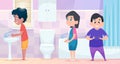 Kindergarten hygiene. Kids standing in waiting line and cleaning hands washing with soap exact vector cartoon background