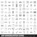 100 kindergarten icons set, outline style