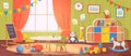 Kindergarten interior. Daycare nursery with furniture and kid toys. Preschool child room for playing, activity and