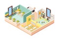 Kindergarten interior. Playground room preschool building with kitchen lessons game place and bedroom for little kids