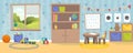 Kindergarten or kid room interior vector illustration. Empty cartoon background with child toys, tables and drawer boxes. Modern Royalty Free Stock Photo