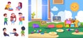 Kindergarten kids. Baby, preschool children characters. Kid zone interior or room for little people. Cartoon toddler