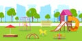 Kindergarten or kids playground in city park. Vector urban life, leisure and outdoor activities illustration. Royalty Free Stock Photo