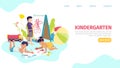 Kindergarten, landing banner, vector illustration. Little people, girl boy character play at cartoon preschool, web page