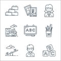 Kindergarten line icons. linear set. quality vector line set such as blocks, student, seesaw, pencil case, board, toy train,