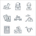 Kindergarten line icons. linear set. quality vector line set such as origami, blocks, abacus toy, slide, desk, book, student,