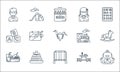 Kindergarten line icons. linear set. quality vector line set such as school bag, swing, food, desk, ring, blocks, toy train,