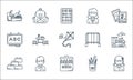 Kindergarten line icons. linear set. quality vector line set such as student, colo pencils, blocks, pencil case, student, board,