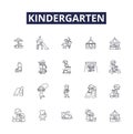 Kindergarten line vector icons and signs. Learn, Explore, Grow, Toys, ABCs, Numbers, Colors, Shapes outline vector Royalty Free Stock Photo