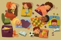 Kindergarten Nap Time Kid Vector Illustration. Preschool Multiracial Children Sleep on Bed, Girl Friend Gossip. Little Royalty Free Stock Photo