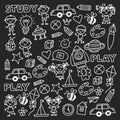 Kindergarten Nursery Preschool School education with children Doodle pattern Play and study Boys and girls kids drawing