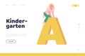 Kindergarten online service landing page design template with happy smart child playing on letter a