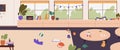 Kindergarten panoramic view. Nursery playroom, preschool classroom with toys on floor scene. Play group, children room Royalty Free Stock Photo