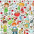 Kindergarten pattern with funny kids drawing. Vector illustration. Children play and grow.