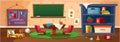 Kindergarten playroom. Elementary school class with table and board for studying children or kids. Interior with games, toys