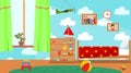 Kindergarten room. Empty playschool room with toys and furniture. Cartoon kids bedroom interior. Home childrens room with kid bed