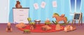 Kindergarten room. Playground home interior room for kinds with various wooden activity toys exact vector play time Royalty Free Stock Photo