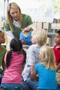 Kindergarten teacher and children looking at globe