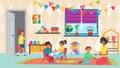 Kindergarten teacher with girl boy kid play in room, vector illustration. Preschool classroom with toy, little children Royalty Free Stock Photo