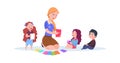 Kindergarten teacher. Preschool kids learn colors. Isolated cartoon group of children and cute nanny vector illustration